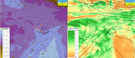 Links Geopotential (Linien) und Temperatur (in Farbe) auf 500 hPa, rechts Geopotential (Linien) und relative Feuchtigkeit (in Farbe) auf 700 hPa am Samstag um 2 Uhr Lokalzeit. Der orange Strich (linkes Bild) markiert die Achse des in die Südwestströmung eingelagerten Kurzwellentrogs. Im rechten Bild ist die feuchtere Luft im Zusammenhang mit dem Kurzwellentrog gut erkennbar. 