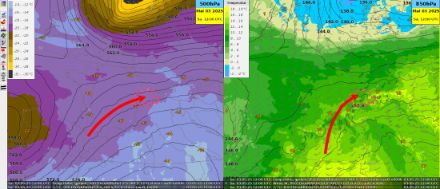 Links: Höhenwetterkarte 500 hPa (ca. 5600 m) mit Temperaturverteilung (Farbflächen) und Geopotential (Linien). Rechts: Höhenwetterkarte 850 hPa (ca. 1500 m) mit Temperaturverteilung (Farbflächen) und Geopotential (Linien) am Samstag, 3. Mai 2025, 12 UTC. Aus Südwesten gelangte warmfeuchte und instabil geschichtete Luft zur Schweiz.