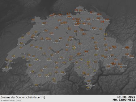 Karte der Schweiz mit gemessener Sonnenscheindauer vom Montag, 19. Mai