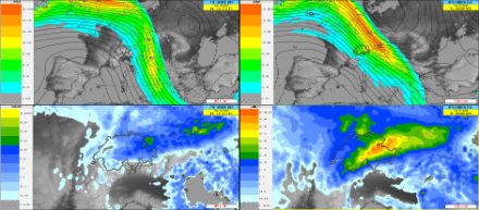 Vergleich der letzten beiden IFS HRES Modellläufe. Oben Jetstream und Geopotential 300 hPa, unten der 24-stündige Niederschlag bis zum Termin.
