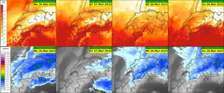 24-stündiger Niederschlag bzw. Sonnenscheindauer an den angegebenen Tagen gemäss ICON-CH2-EPS Median. 