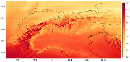 Karte des Alpenraums, farbcodiert mit der mittleren Solarstrahlung in den Jahren 2019 und 2020.
