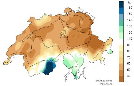 Schweizerkarte zur Niederschlagsverteilung in der Periode Februar bis April 2025.