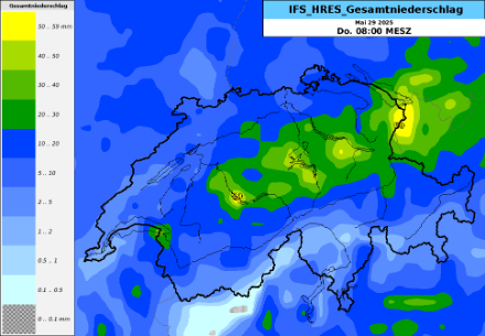 Niederschlagsprognose bis Donnerstag, 29.05.2025, 08:00 Uhr (IFS-Modell). Quelle: MeteoSchweiz