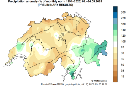 Niederschlagsabweichung für den bisherigen Mai 2025 (01.-24.05.) im Vergleich zur Referenzperiode 1991-2020. Quelle: MeteoSchweiz