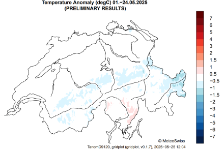 Temperaturabweichung für den bisherigen Mai 2025 (01.-24.05.) im Vergleich zur Referenzperiode 1991-2020. Quelle: MeteoSchweiz