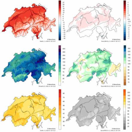 Beispiele von Karten der Schweiz mit Farbcodierung für Temperatur, Niederschlag und Sonnenschein.