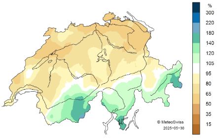 Schweizerkarte zur Niederschlagsverteilung im Frühling 2025.