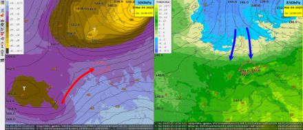 Links: Höhenwetterkarte 500 hPa (ca. 5600 m) mit Temperaturverteilung (Farbflächen) und Geopotential (Linien). Rechts: Höhenwetterkarte 850 hPa (ca. 1500 m) mit Temperaturverteilung (Farbflächen) und Geopotential (Linien) am Sonntag, 4. Mai 2025, 12 UTC. Während in den unteren Schichten aus Norden allmählich Kaltluft eingeflossen ist, blieb die Südwestströmung in grösserer Höhe erhalten.