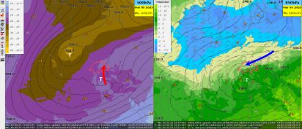 Links: Höhenwetterkarte 500 hPa (ca. 5600 m) mit Temperaturverteilung (Farbflächen) und Geopotential (Linien). Rechts: Höhenwetterkarte 850 hPa (ca. 1500 m) mit Temperaturverteilung (Farbflächen) und Geopotential (Linien) am Montag, 5. Mai 2025, 12 UTC. Die beiden Wetterkarten zeigen eine klassische Gegenstromlage.