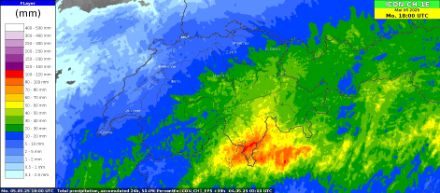Vorhergesagte 24-stündige Niederschlagsmengen bis Montag, 5. Mai 2025, 18 UTC aus unserem Prognosemodell ICON-CH1-EPS, Medianwert aus 11 Modellrechnungen.