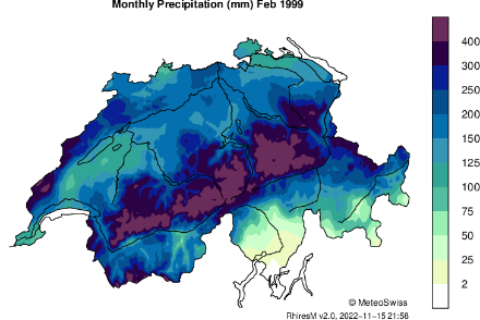 Niederschlagsmenge [mm] im Monat Februar 1999. Während am Alpennordhang ausgiebige Niederschläge zu verzeichnen waren, wobei es in dieser Region zu einer eigentlichen Lawinenkatastrophe kam, blieb das Mittel- und Südtessin praktisch trocken. Dort gab es sogar einige Waldbrände.