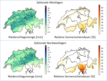 Bild oben links: Median der täglichen Niederschlagsmenge [mm] aller zyklonalen Westlagen im gesamten Jahr in der Zeitperiode 1961-2010 (die Hälfte der 2221 Fälle weisen kleinere Mengen auf). Bild oben rechts: Median der relativen Sonnenscheindauer [%] aller zyklonalen Westlagen im gesamten Jahr in der Zeitperiode 1981-2010 (die Hälfte der 1284 Fälle weisen kleinere Werte auf). Bild unten links:  Median der täglichen Niederschlagsmenge [mm] aller zyklonalen Nordwestlagen im gesamten Jahr in der Zeitperiode 1961- 2010 (die Hälfte der 923 Fälle weisen kleinere Mengen auf). Bild unten rechts: Median der relativen Sonnenscheindauer [%] aller zyklonalen Nordwestlagen im gesamten Jahr in der Zeitperiode 1981- 2010 (die Hälfte der 529 Fälle weisen kleinere Werte auf).