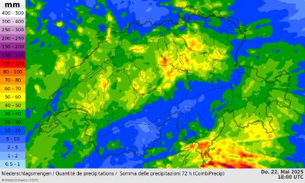 Abbildung 3: CombiPrecip der 72h Niederschlagssummen von Mo. 19. Mai 18 UTC bis Do. 22. Mai 18 UTC.