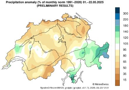 Abbildung 7: Niederschlagsanomalie Mai 2025 bisher nur Normperiode 1991-2020.