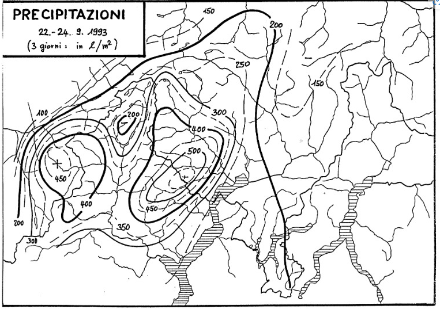 72-stündige Niederschlagsmengen [mm] zwischen dem 22. und 24. September 1993 (Briger Unwetter) auf der Alpensüdseite und im Oberwallis.