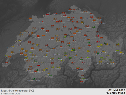 Höchsttemperatur am Freitag, 2. Mai 2025 (vorläufige Messwerte, Stand 17:00h)