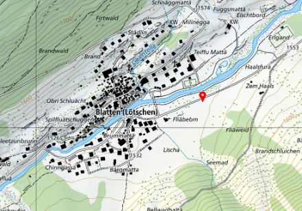 Die Wetterstation in Blatten (rote Markierung) befand sich am Ostrand des Dorfs nahe der Lonza.
