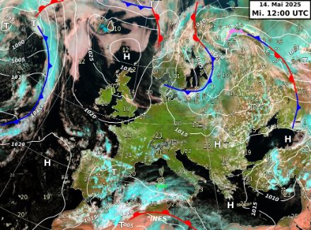 Satellitenbild und Bodenwetterkarte vom Mittwoch, 14. Mai 2025. Dargestellt sind die Isobaren (weisse Linien), die Hoch- und Tiefdruckgebiete (H & T) sowie die Fronten (farbig).