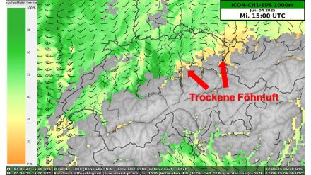 Abbildung 7: Mittelwind und relative Luftfeuchtigkeit auf 1000 m Höhe am Mittwoch 15 UTC ICON-CH1-EPS Ctrl. Sichtbar ist die trockene Föhnluft in den zentralen und östlichen Voralpen, an dessen Grenze es zu einer Konvergenz kommen könnte.