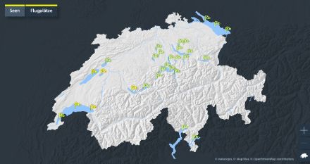 Beispiel der Warnkarte für Schweizer Seen. Ist der Windsack gelb eingefärbt, ist für den entsprechenden See eine Warnung (Starkwind- oder Sturmwarnung) aktiv. Auf der App kann für den gewünschten See auch eine Push-Benachrichtigung eingerichtet werden.