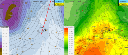 Auf Freitag verlagert sich die Achse des Höhenrückens (rote Linie linkes Bild) langsam Richtung Osten, und die Schweiz gelangt auf die Vorderseite eines Troges in eine südwestliche Höhenströmung (links: Geopotential und Temperatur in Farbe auf 500hPa, Modell IFS). Dabei gelangt sehr warme Luft zur Schweiz (rechts: Bodendruck und Temperatur in Farbe auf 850hPa, Modell IFS). 