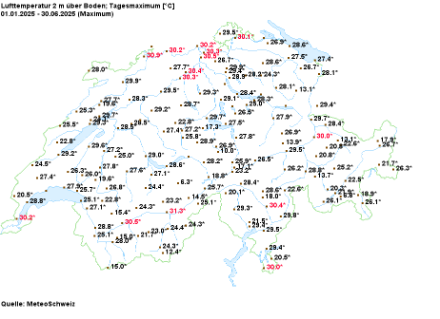 Temperaturhöchstwerte im Jahr 2025 bis und mit 11. Juni 2025. In der Nordwestschweiz, am Nordrand der Schweiz, in Genf, im Wallis sowie lokal auf der Alpensüdseite gab es bereits den ersten Hitzetag. An anderen Stationen hat es dieses Jahr teils knapp noch nicht für 30 Grad gereicht.  