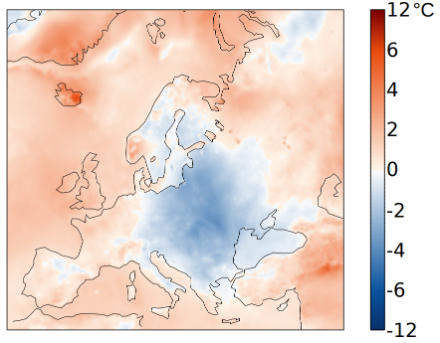 Karte zur Temperaturverteilung im Mai in Europa.