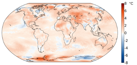 Weltkarte zur Temperaturverteilung in der Periode März bis Mai.