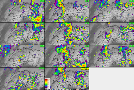 Unterschiedliche Varianten der Schauer- und Gewitterverteilung im ICON-CH1-EPS Ensemble am Sonntag, 15.06.2025 um 18:00 Uhr. Quelle: MeteoSchweiz