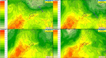 Temperatur 850 hPa (~1500m Bodendruck der kommenden Tage gemäss IFS HRES Modell von heute 00 UTC. Die blauen Pfeile repräsentieren den Katluftvorsoss Richtung Balkan. Die grauen Pfeile illustrieren das Strömungsmuster auf der Alpennordseite und die Zufuhr trockener und warmer Luft. Am Samstag liegt die Schweiz am Westrand des Hochs und aus Südfrankreich setzt Warmluftadvektion ein, welche sich am Sonntag mit einer aufkommenden Südwestströmung auf die Alpennordseite ausdehnt (rote Pfeile). 