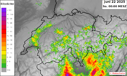 Darstellung der Blitzdichte (Anzahl Blitze) am 21.06.2025.