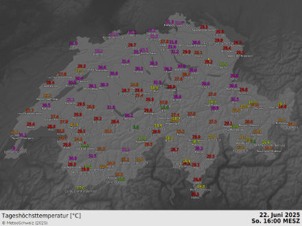 Höchsttemperaturen am 22.06.2025 (bis 16 Uhr)