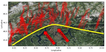 Fig. 1. Zugbahnen der Gewitterzellen in der Nacht vom 29. auf den 30. Juni 2024. Die Gewitter betrafen vor allem die Alpen. Weiter südlich verhinderte die von den starken Scirocco-Strömung beeinflusste Luftmasse das Entstehen von kräftigen Gewitterzellen. 