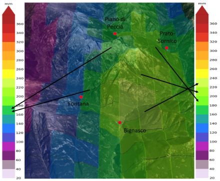 Abb. 3: Niederschlagssumme nach dem CombiPrecip-Algorithmus in einem 6-Stunden-Intervall zwischen 20 Uhr und 2 Uhr am 29./30. Juni 2024 mit einigen geografischen Referenzen.