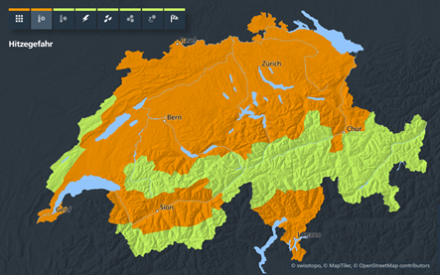 Aktuelle Warnkarte betreffend Hitze der MeteoSchweiz vom 28.06.2025.