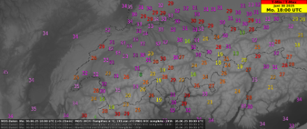 Zu erwartende Tageshöchsttemperaturen [°C] in der Schweiz am Montag, den 30. Juni 2025.