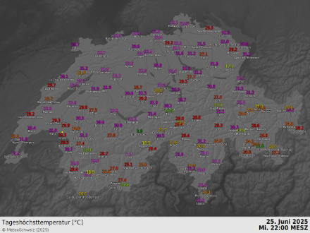 Tageshöchsttemperatur gestern, den 25. Juni 2025, in der Schweiz.