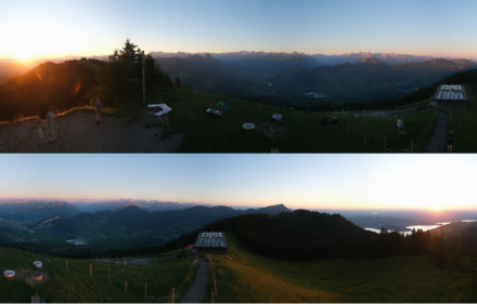 Auf der Wildspitze oberhalb von Goldau ist der Horizont nach Nordosten und Nordwesten frei. Dementsprechend geht die Sonne derzeit sehr früh auf, nämlich vor 05:40 Uhr (oberes Bild) und sehr spät unter, nämlich nach 21:20 Uhr (unteres Bild).