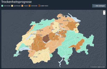 Die nationale Trockenheitsplattform (www.trockenheit.ch) informiert über die aktuelle Lage und liefert Prognosen für jede Warnregion. 