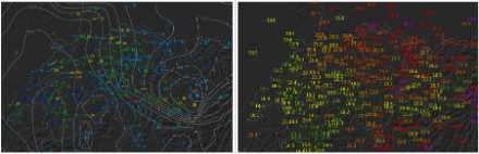 Druck/Wind- (links) und Temperatursituation (rechts) um 14:45 Uhr. Die deutliche Abkühlung im Westen im Vergleich zum warmen Osten führte zu einem Druckgradienten, welcher durch vorübergehend kräftigen Westwind ausgeglichen wurde (Böenspitze in Knoten). 