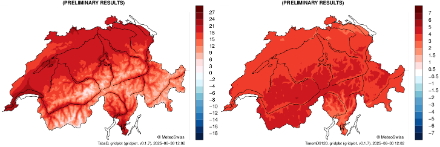 Karten der Schweiz für die Monatsmitteltemperatur und deren Abweichung zur Referenz 1991-2020