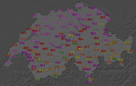 Schweizerkarte mit Höchstwerten vom Mittwoch mit 30 bis lokal über 35 Grad in Basel. 
