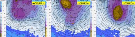 IFS-Modell 500 hPa Geopotential und Temperatur am 07.07.2025, 12UTC, am 08.07.2025, 0 UTC und 12 UTC.
