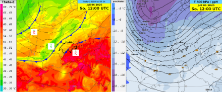 Links Theta-E auf 850 hPa mit den Fronten und den zu erwartenden Niederschlagsarten, rechts die Temperatur und das 500 hPa Geopotential des IFS-Modells am 06.07.2025, 12 UTC.