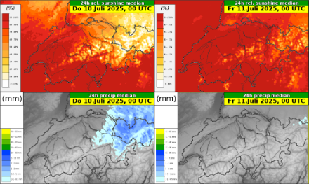 Vorhersage des ICON2-CH-ENS der mittleren relativen Sonnenscheindauer (oben) und des mittleren Tagesniederschlages (unten) für den Mittwoch (Summe bis Donnerstag 0 UTC) und den Donnerstag (Summe bis Freitag 0 UTC).
