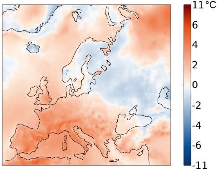Eine Karte, welche die Temperaturabweichung gegenüber dem Durchschnitt 1991-2020 im Juni 2025 in Europa zeigt.