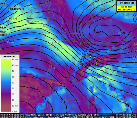 Niederschlagbares Wasser (in Farben) und 500-hPa-Geopotentielle Höhe (Konturlinien), modelliert vom IFS-Modell am Mittwoch um 20 Uhr. (Quelle: ECMWF / MeteoSchweiz)