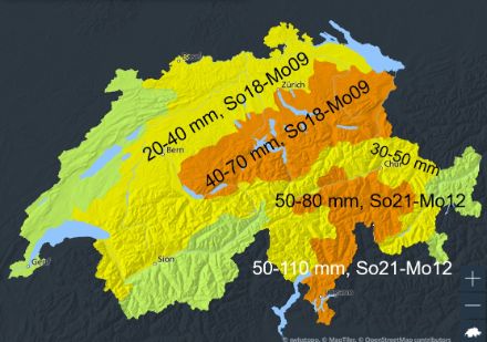 Warnkarte für das Regenereignis am Sonntag 20. Juli und Montag 21. Juli mit den zu erwartenden Niederschlagsmengen und dem Gültigkeitsbereich. 