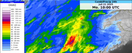 Gesamtniederschläge in mm (Combiprecip: kombiniert aus Radar- und Bodenmessungen) von Sonntag, 20.7.25 um 12 Uhr bis Montag, 21.7.25 um 12 Uhr Lokalzeit. Hinweis: Die Messstation in Chur hat während dieses Ereignisses nicht korrekt gemessen, daher ist der Wert bei Chur nicht korrekt. 